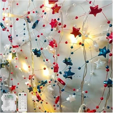 Décorations du 4 juillet 4,3 m 40 LED rouge, blanc et bleu avec lumières, lumières patriotiques à piles avec minuteur, guirlande pour la maison, le jour commémoratif, décorations du 4 juillet (1/5)