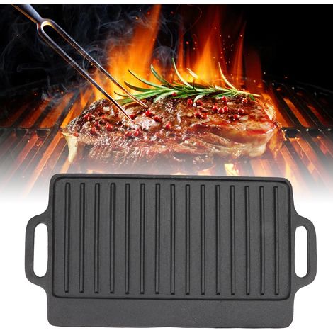 Plaque de cuisson rectangulaire en fonte 40x20 cm, double face pour barbecue, teppanyaki et grill, idéale pour usage domestique.