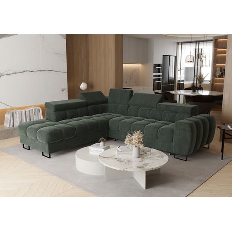 Ecksofa Schlafsofa BASTIEN MAX in Stoff Terra Grün Ottomane Links