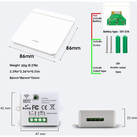 Interruttore della luce wireless, interruttore di sicurezza con trasmettitore RF e controller ricevitore da 10 A, facile installazione per lampade fino a 1500 W. (1/5)