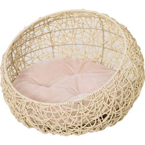 Panier pour chat en rotin avec coussin – cabane, corbeille ou lit pour chat et chien, beige, Ø56 x 35 cm