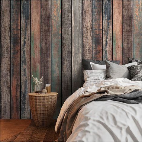 Photo wallpaper Profhome 398321 hot embossed non-woven wallpaper smooth wood look matt brown blue green grey 1.59 m x 2.8 m (1/4)