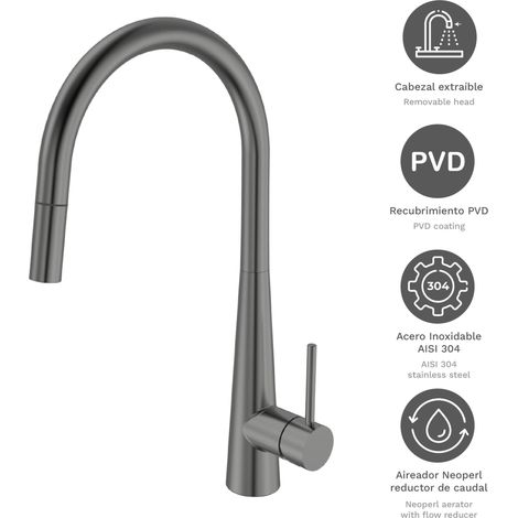 Grifo de cocina monomando caño alto extraible Geminis Antracita, Acero inoxidable, resistente a la corrosión, ahorro de agua,instalación fácil