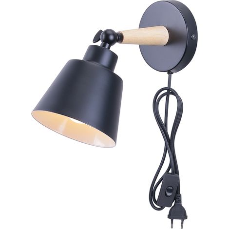 STOEX Wandleuchte aus Eisen Holz Wandlampe mit Schalter und Stecker Vintage Verstellbare E27 für Wohnzimmer Schlafzimmer Flur Treppenhaus - Schwarz (1/5)