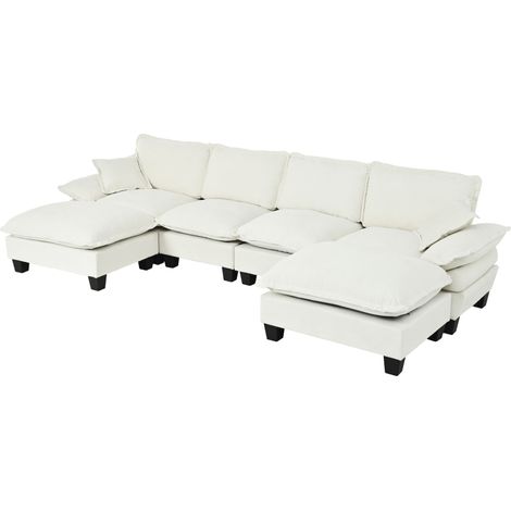 Modulares U-Ecksofa aus beigem Chenille, 6-Sitzer, mit mobilem Hocker MODENUIT (1/5)