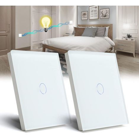 Interrupteur Tactile va et vient,Blanc 1 Gang 2 Voie Commutateur de Lumière avec LED Affichage Light,Interrupteur Tactile avec Capteur Tactile Panneau Verre Cristal-Pas de fil Neutre-2 Pack (1/5)