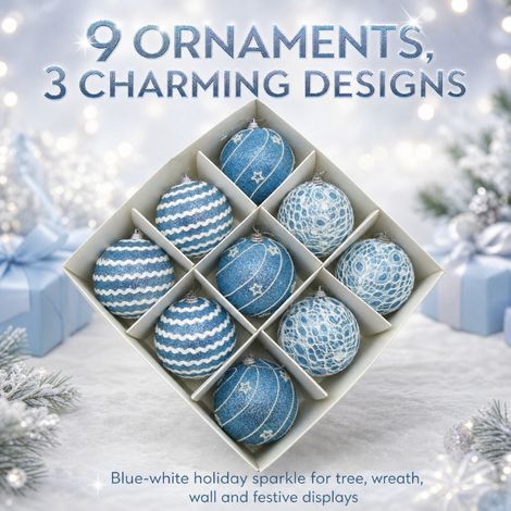 Lot de 9 boules de Noël 8 cm bleu pâle, coffret décoratif pour sapin de Noël, décoration de fête (1/3)