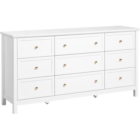 Commode à 9 tiroirs, en bois, avec tiroirs coulissants et système anti-basculement, style rétro minimaliste, meuble de rangement pour salon, couloir, chambre, entrée, blanc. (1/5)