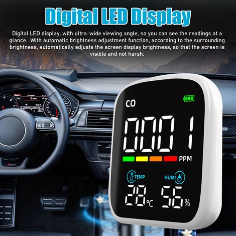 Détecteur de CO à affichage LED numérique, testeur de monoxyde de carbone portable, appareil multifonctionnel de mesure de la température et de l'humidité, capteur électrochimique pour la qualité de l (1/5)