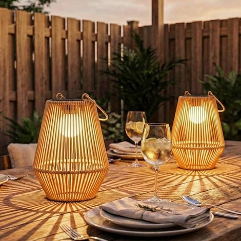 Lot de 2 lanternes solaires suspendues extérieur. lampes de jardin en résine tressée avec allumage automatique. marron