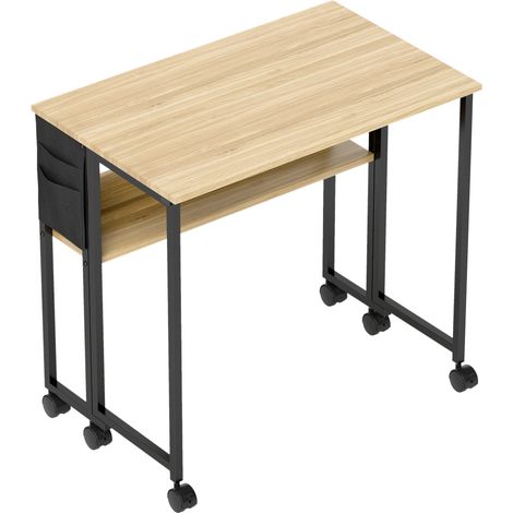 Bureau roulant pliable 80x50 cm chêne, avec étagère et pochette de rangement, table à roulettes escamotable (1/5)