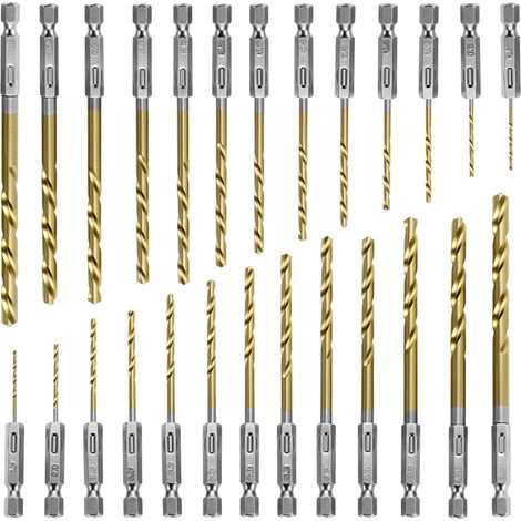 Jeu de 26 Forets acier avec Queue Hexagonale 1.5-6.5 mm – avec Revêtement Titane pour Métal Tendre, Bois (1/5)