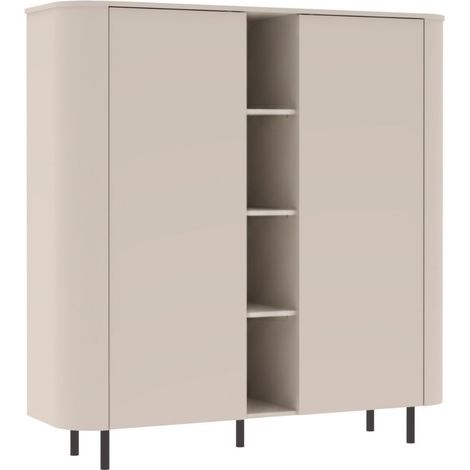 Meuble de rangement 2 portes et niches finition laqué beige design coins arrondis pieds métal noir - LYNA