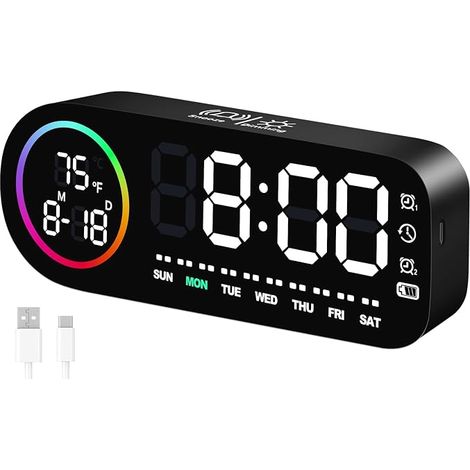 Sveglia digitale a LED Vinabo con 7 colori - Visualizzazione della temperatura, 5 livelli di luminosità, doppia sveglia, funzione snooze, USB, formato 12/24 ore - Sveglia luminosa per bambini e adulti (1/5)