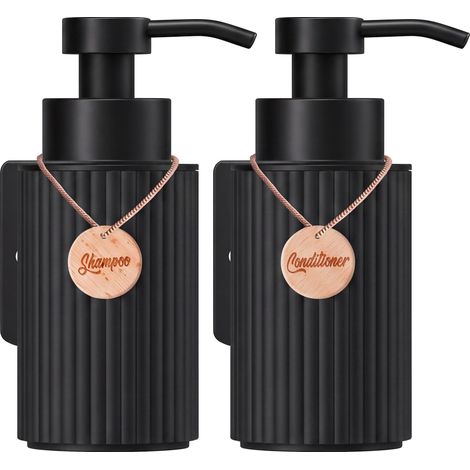 Ensemble de 2 distributeurs muraux noirs pour douche, comprenant 1 flacon-pompe rechargeable pour shampoing, après-shampoing et gel douche avec étiquettes en bois. (1/5)