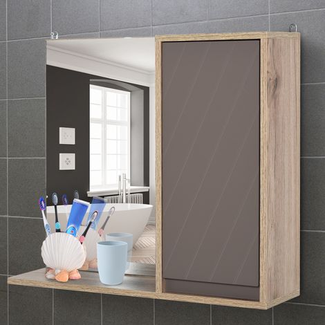 Specchio da bagno con mensola e mobiletto - sistema di montaggio integrato - pannello in truciolato di rovere grigio chiaro (1/5)