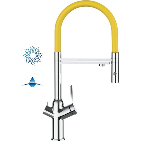 Rubinetto 4 vie miscelatore cucina cromato con canale separato per acqua filtrata, canna gialla movibile e doccia due getti staccabile - serie BOD (1/4)