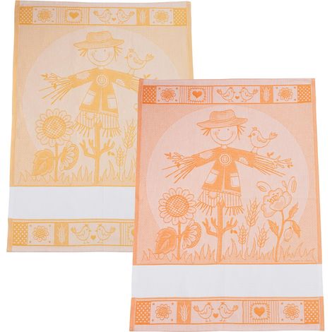 Lot de 2 torchons de Cuisine en Jacquard avec Insert en Toile Aida 55 Trous à Broder, Parfaits pour sécher la Vaisselle, fabriqué en Italie, Motif épouvantail de Couleur Orange et Jaune (1/3)