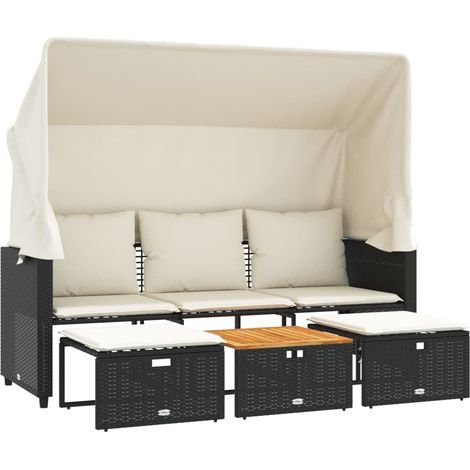 Maison Exclusive - Canapé de jardin 3 places avec auvent et tabourets noir rotin