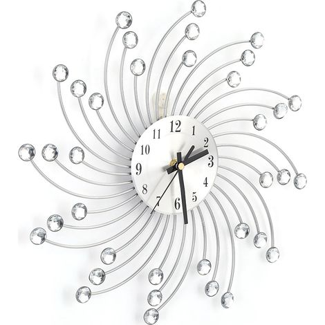 Horloge murale en métal argenté ornée de diamants, décoration moderne pour la maison ou le bureau. (1/5)