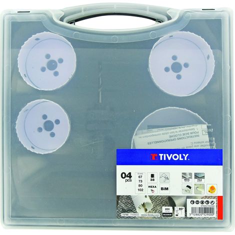 Tivoly • Valigetta da 5 pezzi - 4 seghe a tazza bimetalliche HSS Ø da 67 a 102mm + 1 albero pilota