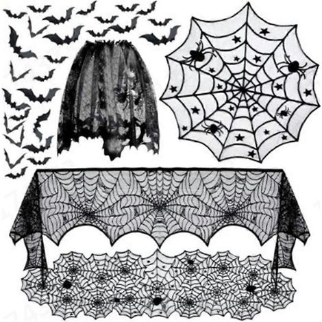 Halloween-Dekorationsset: Spinnennetz-Tischdecke, Tischläufer, Kaminschal, 3D-Fledermäuse