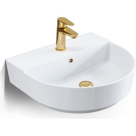 Horow – Vasque à poser 50x44x18cm en céramique blanche – Résistante aux rayures – Installation murale ou sur meuble – Écoulement conforme DIN (1/5)