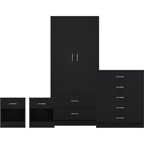Riano 4 Piece Bedroom Set (1 Drw Bedside Chest, 5 Drw Chest, 2 Dr 2 Drw Wardrobe), Black (1/3)