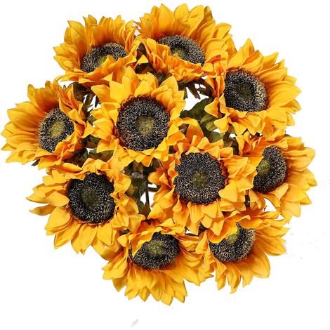 Lot de 10 tournesols artificiels à tige unique, style rustique, pour la décoration de votre maison, hôtel ou de votre chambre (jaune doré). (1/5)