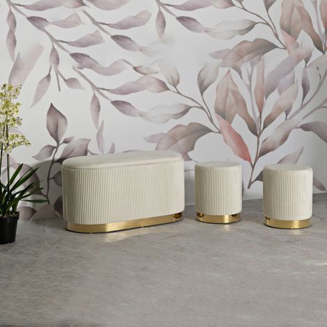 Panca Soroti, con dos Taburetes, Banco Almacenamiento, Estructura Metálica, Asiento Blanco, 80x37x42h cm Blanco Crema (1/5)