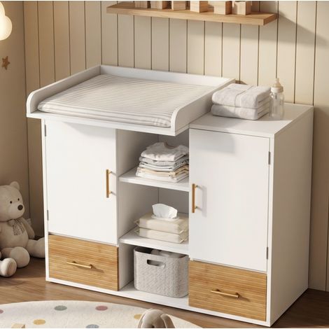 Commode à langer avec rangement et barrière amovible, 2 tiroirs, portes, meuble polyvalent MDF blanc naturel (1/5)