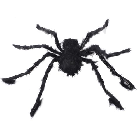Décoration d'Halloween : araignée noire poilue avec yeux et pattes lumineux violets, idéale pour une fête dans le jardin ou une maison hantée. 125 cm. Fonctionne avec 4 piles bouton CR2032. (1/5)