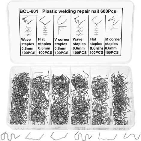 600 Pcs Agrafes Chaudes, 0.6mm/0.8mm Agrafes De Soudure Plastique, Agrafess de Soudage de Voiture, Métal Agrafe Chaude Clou de Soudure de Réparation de Pare-Chocs Voiture Soudage de Carrosserie (1/5)