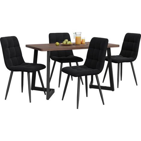 Set da pranzo 5 pezzi con tavolo in MDF color noce e 4 sedie in velluto nero (1/5)