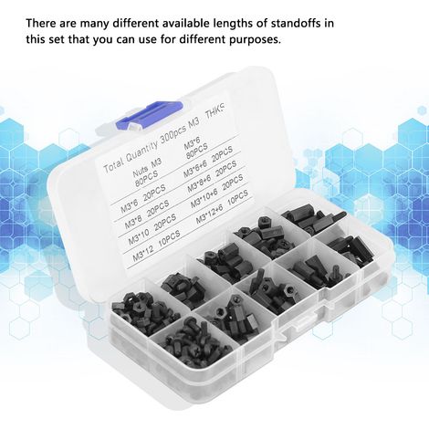 300-teiliges Sortiment an schwarzen M3-Abstandsschrauben und -Muttern (Außen- und Innengewinde) mit Box (1/5)