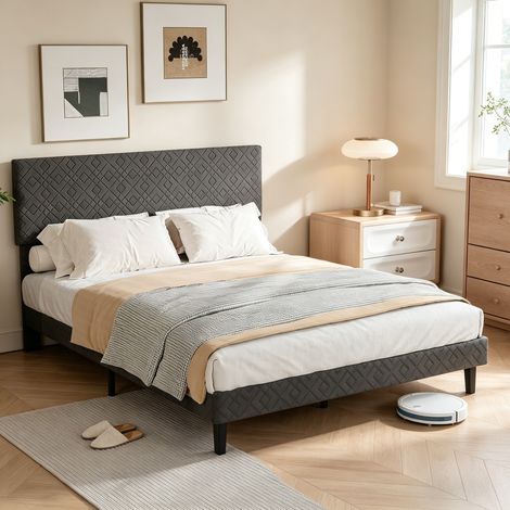 Lit adulte 140x200 cm avec sommier, Lit double rembourré 140x200 cm avec tête de lit réglable, Espace de rangement sous le lit, Design minimaliste et moderne, Lin, Gris (1/5)
