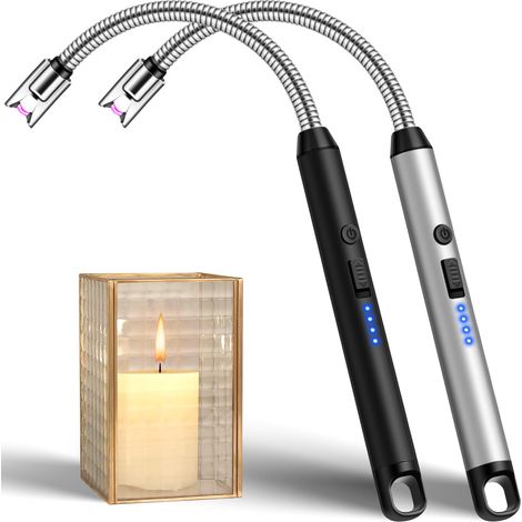 Briquet à Arc électrique Rechargeable par USB avec col Plus Long, Serrure de sécurité, Type C, Rechargeable par Plasma, pour Cuisine, cheminée, Feux d'artifice (Noir + Argent) (1/5)