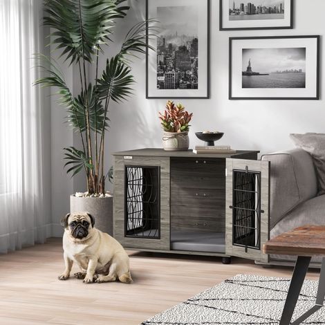 CHICFURN Gabbia per cane con cuscino 80x56x63 cm grigio effetto legno, ripiano superiore (1/5)