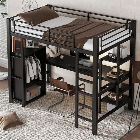 Hochbett 90x200 cm mit Schreibtisch, Kleiderschrank und Regal, Etagenbett aus Metall in Schwarz, Platzsparendes Jugendbett, EN747 zertifiziert (1/5)