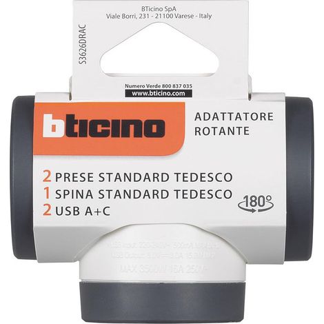 Adattatore Bticino 2 prese + spina STD + USB corpo rotante
