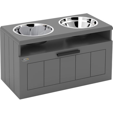 Stazione rialzata per cani con 2 ciotole in acciaio inox e cassetto contenitore, MDF grigio (1/5)