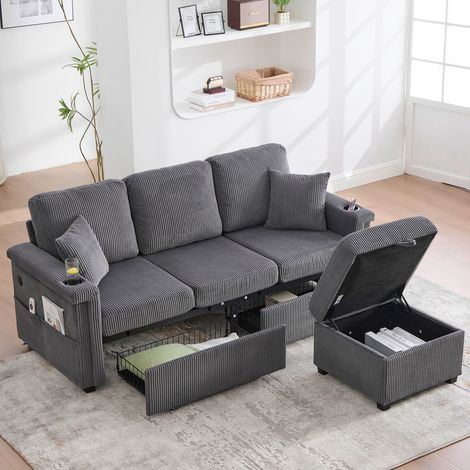 Canapé d'angle,canapé 3 places avec éclairage LED et port USB-C,en velours haut,comprenant un repose-pieds de rangement,des porte-gobelets pratiques et des poches latérales,Gris foncé (1/5)