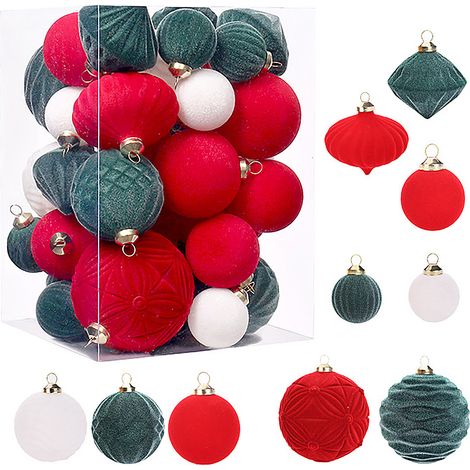 Ej.Life 35 Stück Weihnachtsdekorationen, Boutique-Beflockung, Weihnachtskugel-Set, Geschenkbox, Weihnachtsbaum-Anhänger (rot, grün und weiß) (1/5)