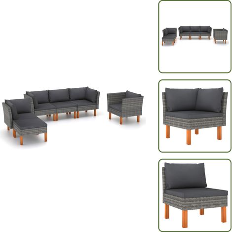 6-tlg. Garten-Lounge-Set Poly Rattan und Eukalyptusholz Grau - Gartensitzgruppe - Lounge-Set - Gartenmöbel - Outdoor-Möbel - Rattan-Möbel