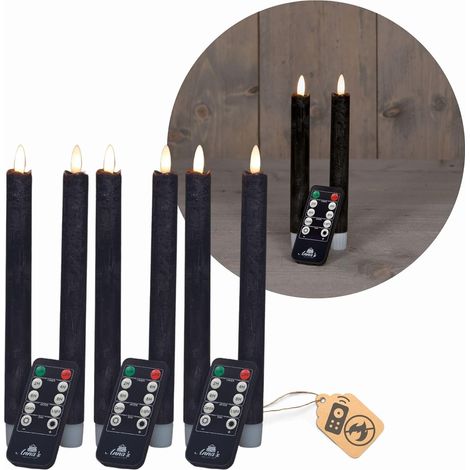 Bougies coniques LED avec minuterie NOIRES 6 pièces Intérieur 6 heures VRAIE CIRE 18 cm de hauteur pour les bougies 2,2 cm de diamètre 2 piles AAA