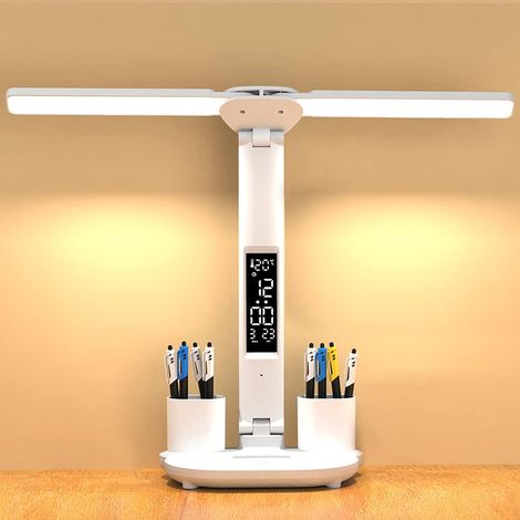 Lampe de Bureau Sans Fil à LED pour Enfant avec Heure Calendrier Température 2 Porte Stylo,  Contrôle Tactile Protection des Yeux, Blanche