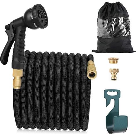 Tigrezy Tuyau d'arrosage Extensible 15m, Tuyau d'eau Flexible avec Pistolet d'Arrosage à 8 Modèles d'Irrigation, Raccords de 3/4'' et 1/2'' en Laiton Massif, Noir (1/4)