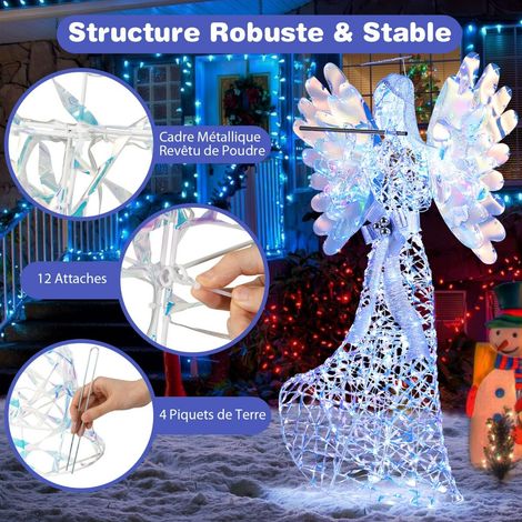 Ange de Noël lumineux blanc 3D 1,58 m en PVC avec auréole scintillante et flûte, 250 LED, pour jardin, terrasse et intérieur (1/5)