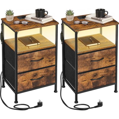 Table de Chevet avec Éclairage LED et Multiprise, Lot de 2, 2 Tiroirs et 1 Compartiment Ouvert, Marron (1/5)