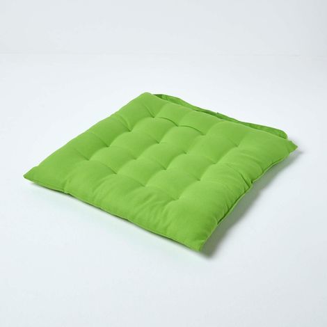 HOMESCAPES Lime Green Plain Seat Pad with Button Straps 100% Cotton 40 x 40 cm